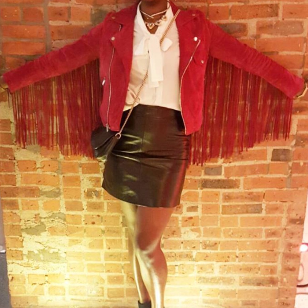 Free People- Rich Red Genuine Leather Suede Fringe Jacket- Size M